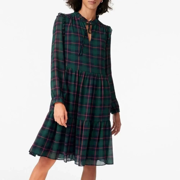 J.Crew Tie-Neck Tiered Dress Black Watch Tartan Plaid XXS Red Green Holiday - Picture 1 of 12